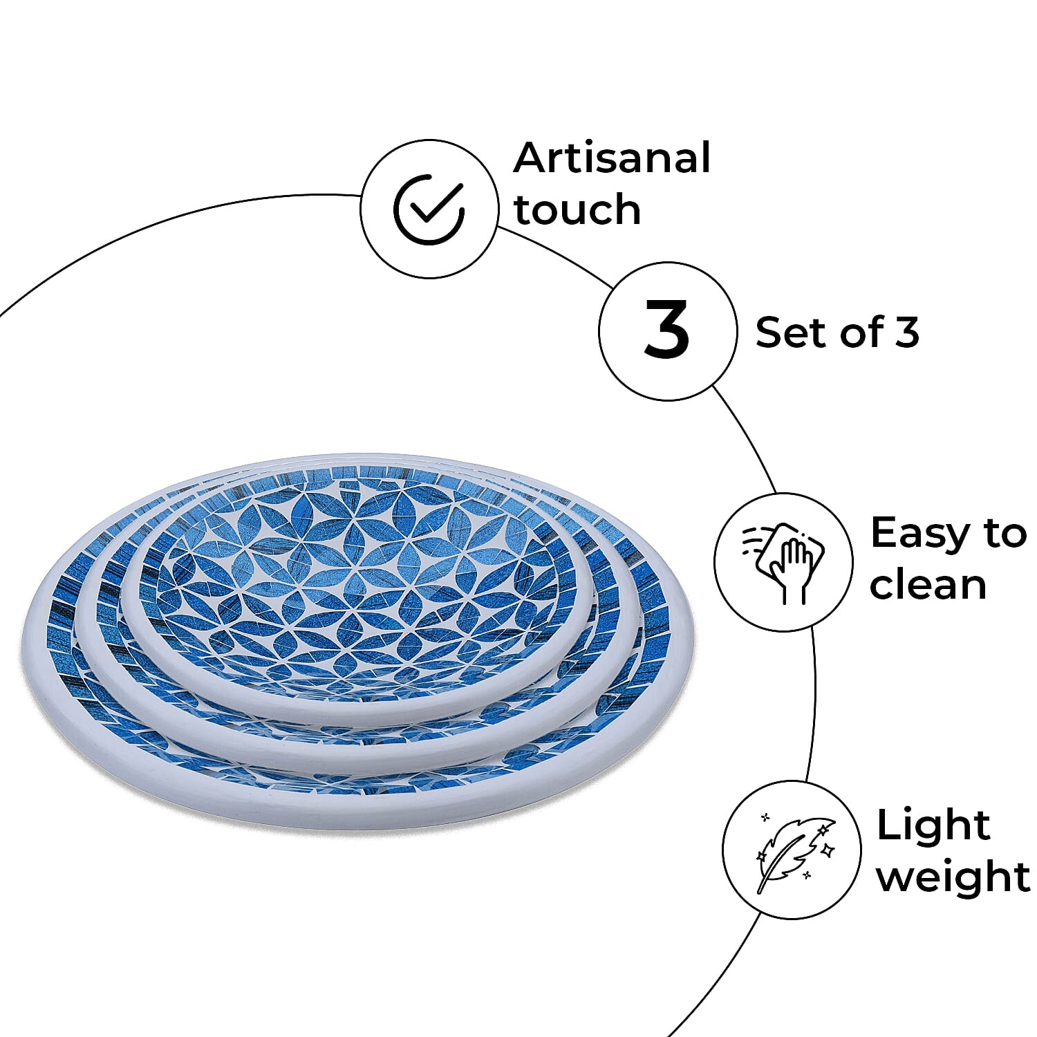 Set of 3 Handmade Mosaic Terracotta Round Bowl - Blue 4042413 1