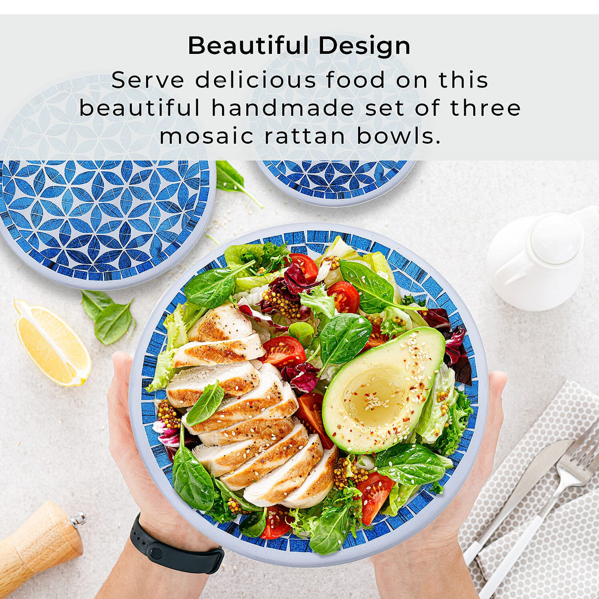 Set of 3 Handmade Mosaic Terracotta Round Bowl - Blue 4042413 2