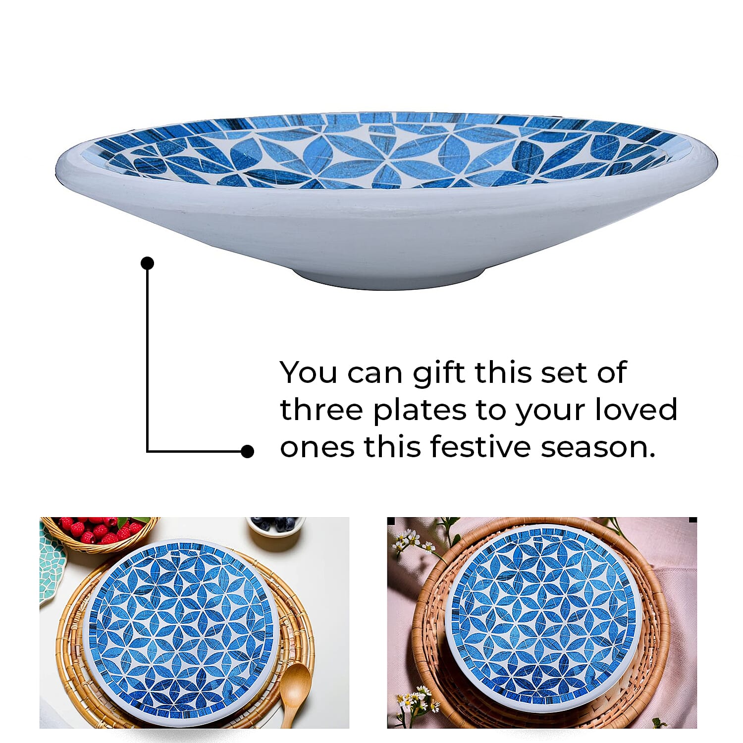 Set of 3 Handmade Mosaic Terracotta Round Bowl - Blue 4042413 4