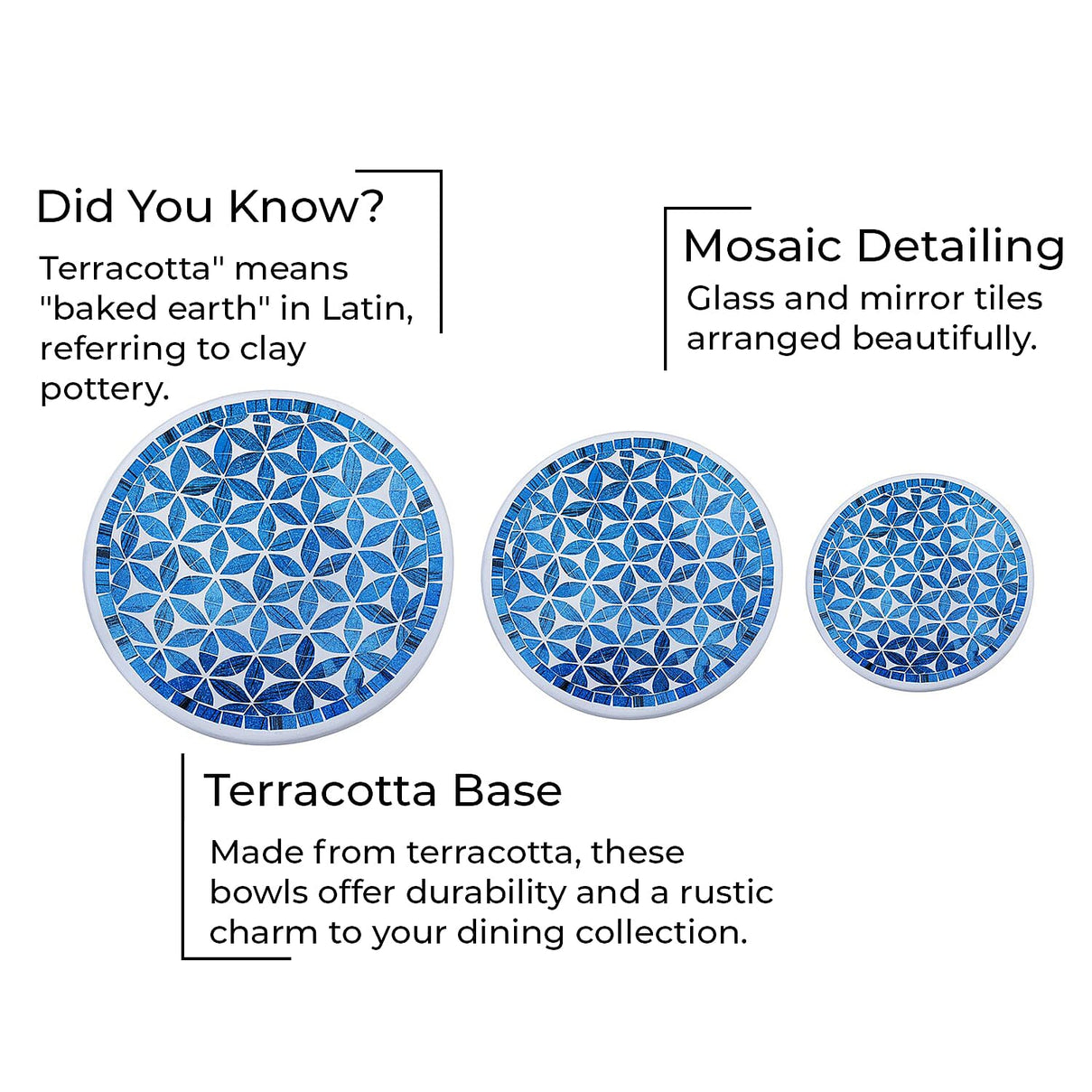 Set of 3 Handmade Mosaic Terracotta Round Bowl - Blue 4042413 5