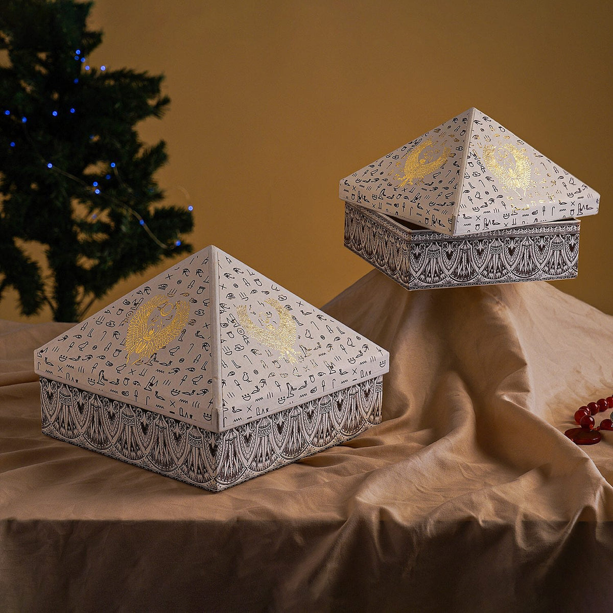 Set of 2 Handmade Paper and Handblock Printed Pyramid Shape Boxes - Egyptian Symbols 7192466 2