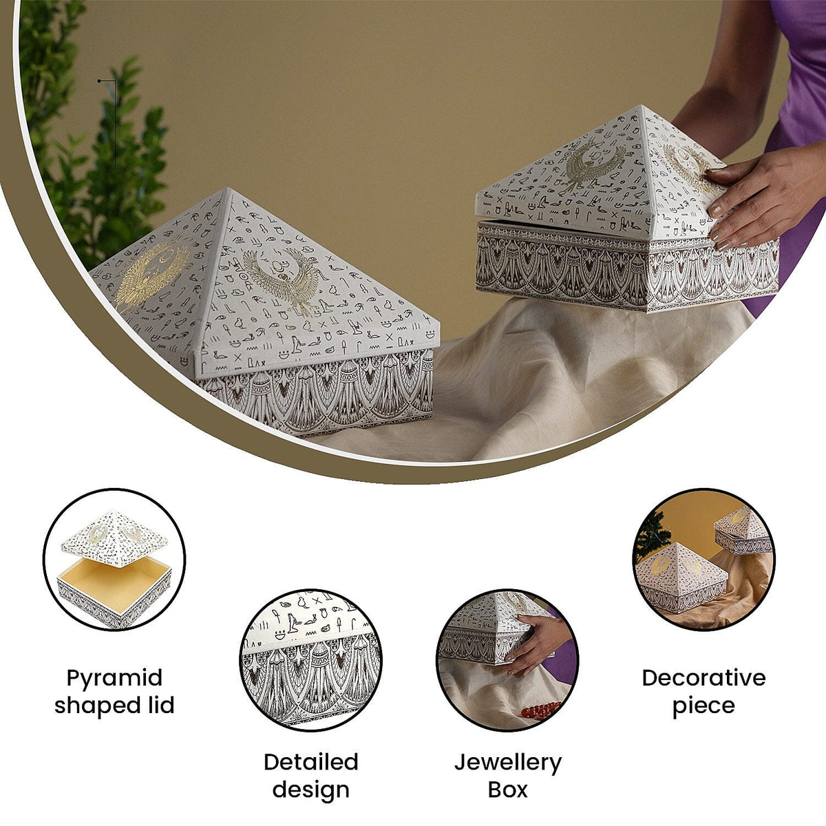 Set of 2 Handmade Paper and Handblock Printed Pyramid Shape Boxes - Egyptian Symbols 7192466 4
