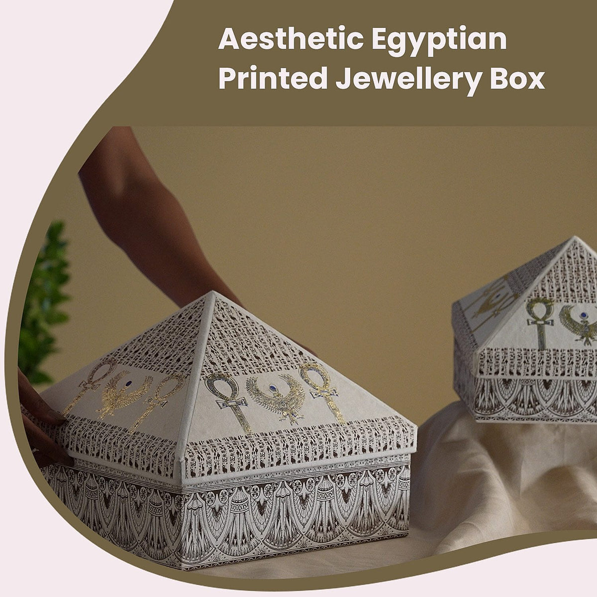 Set of 2 Handmade Paper and Handblock Printed Pyramid Shape Boxes - Egyptian Ankh 7192467 2