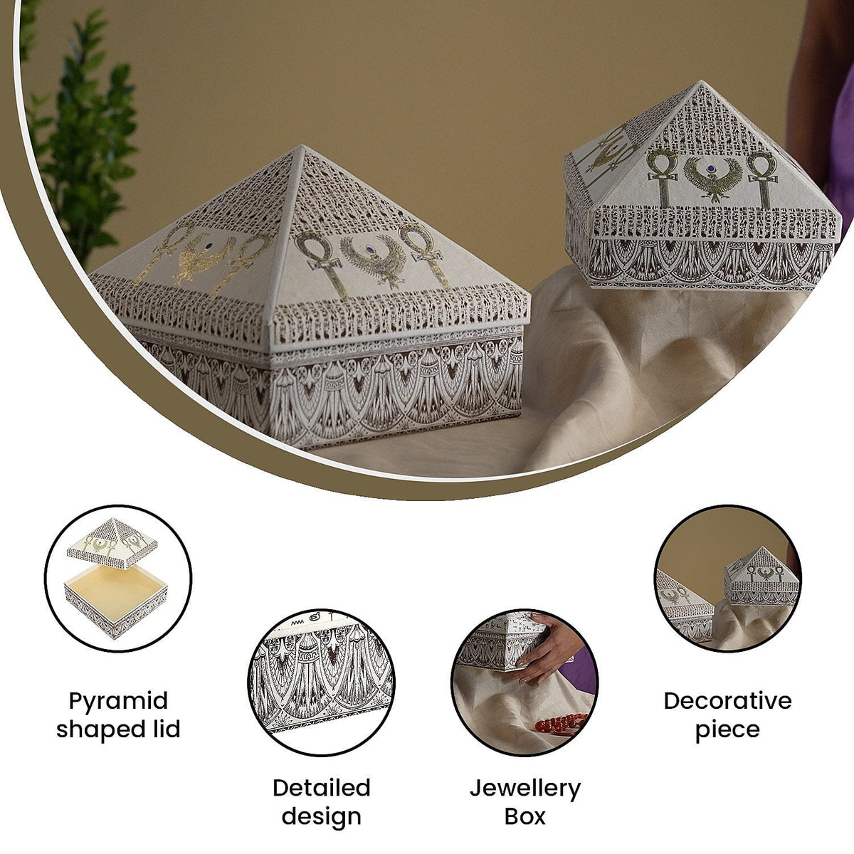 Set of 2 Handmade Paper and Handblock Printed Pyramid Shape Boxes - Egyptian Ankh 7192467 3