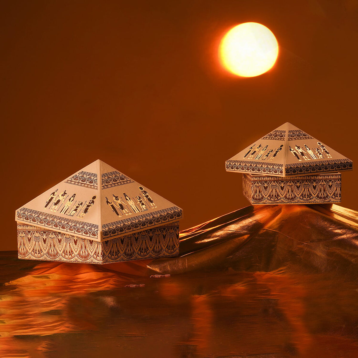 Set of 2 Handmade Paper and Handblock Printed Pyramid Shape Boxes - Egyptian Gods 7192468 1