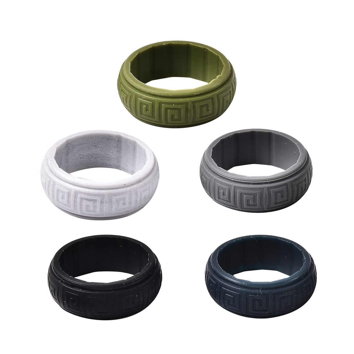 Set of 5 Silver, Dark Grey, Dark Blue, Black and Olive Colour Band Rings 4035380 0