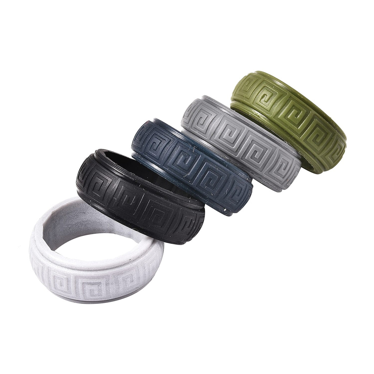Set of 5 Silver, Dark Grey, Dark Blue, Black and Olive Colour Band Rings 4035380 2