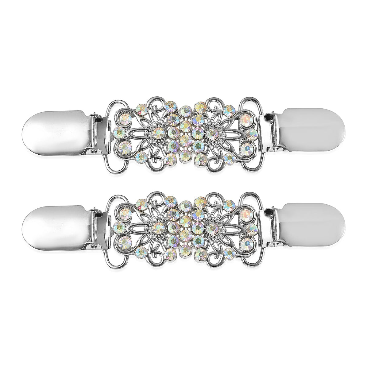 Set of 2 White AB Crystal Floral Style Cardigan Clip Connector in Silver Tone 6704525 0