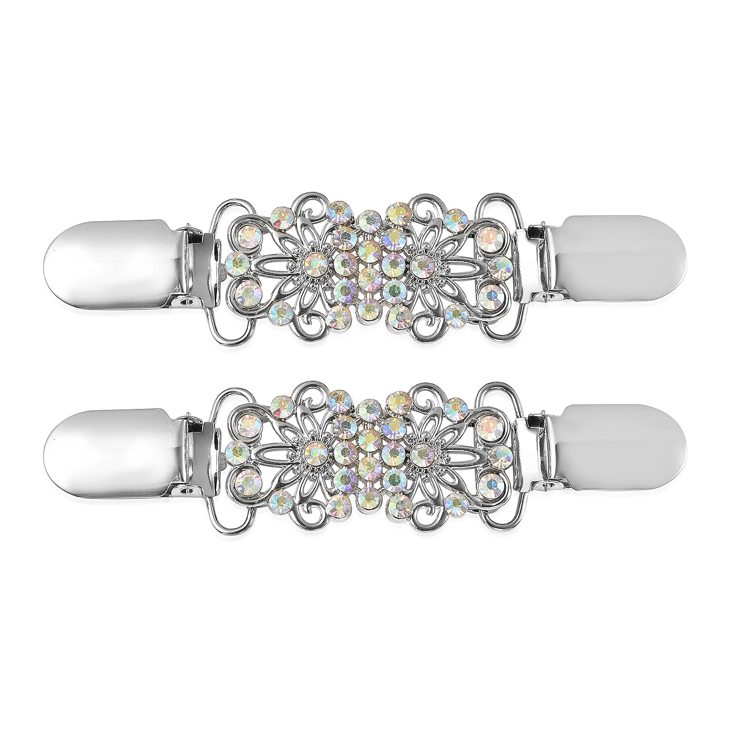 Set of 2 White AB Crystal Floral Style Cardigan Clip Connector in Silver Tone 6704525 0