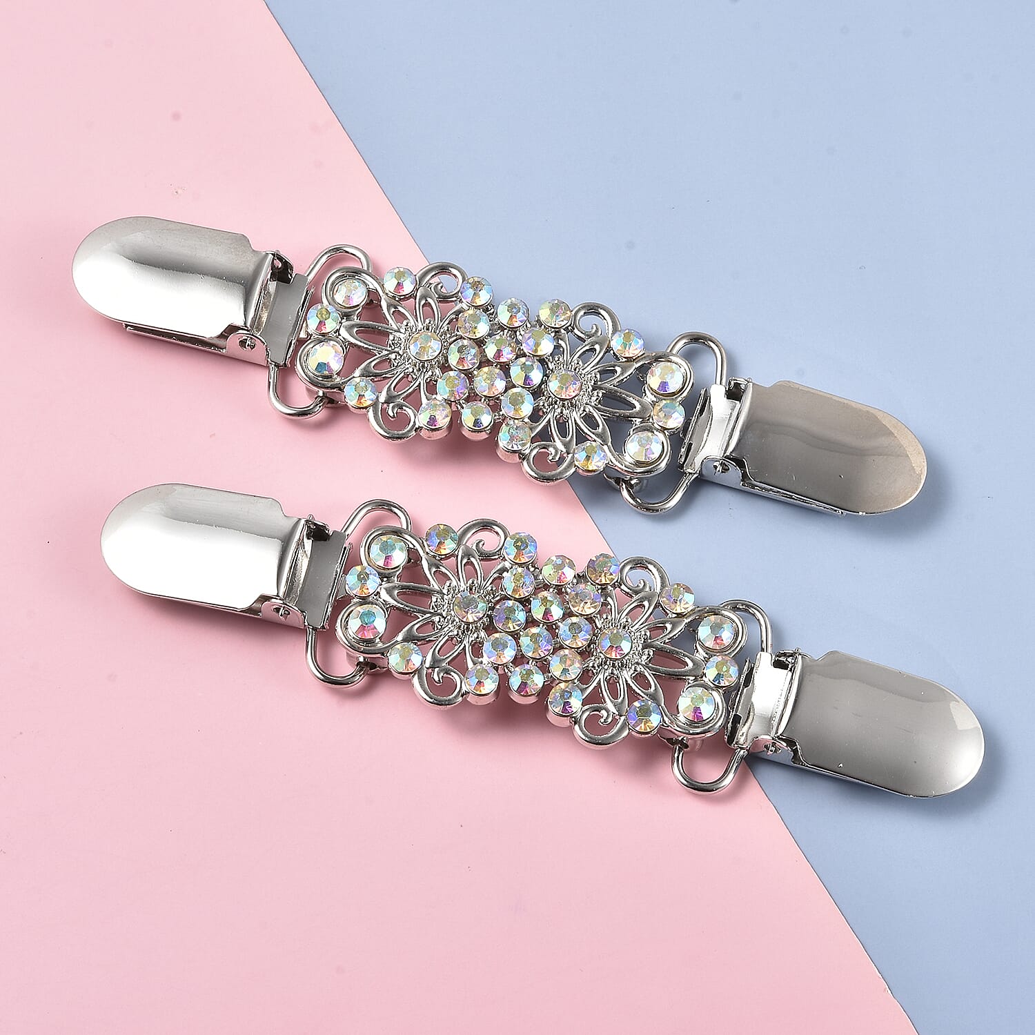 Set of 2 White AB Crystal Floral Style Cardigan Clip Connector in Silver Tone 6704525 2