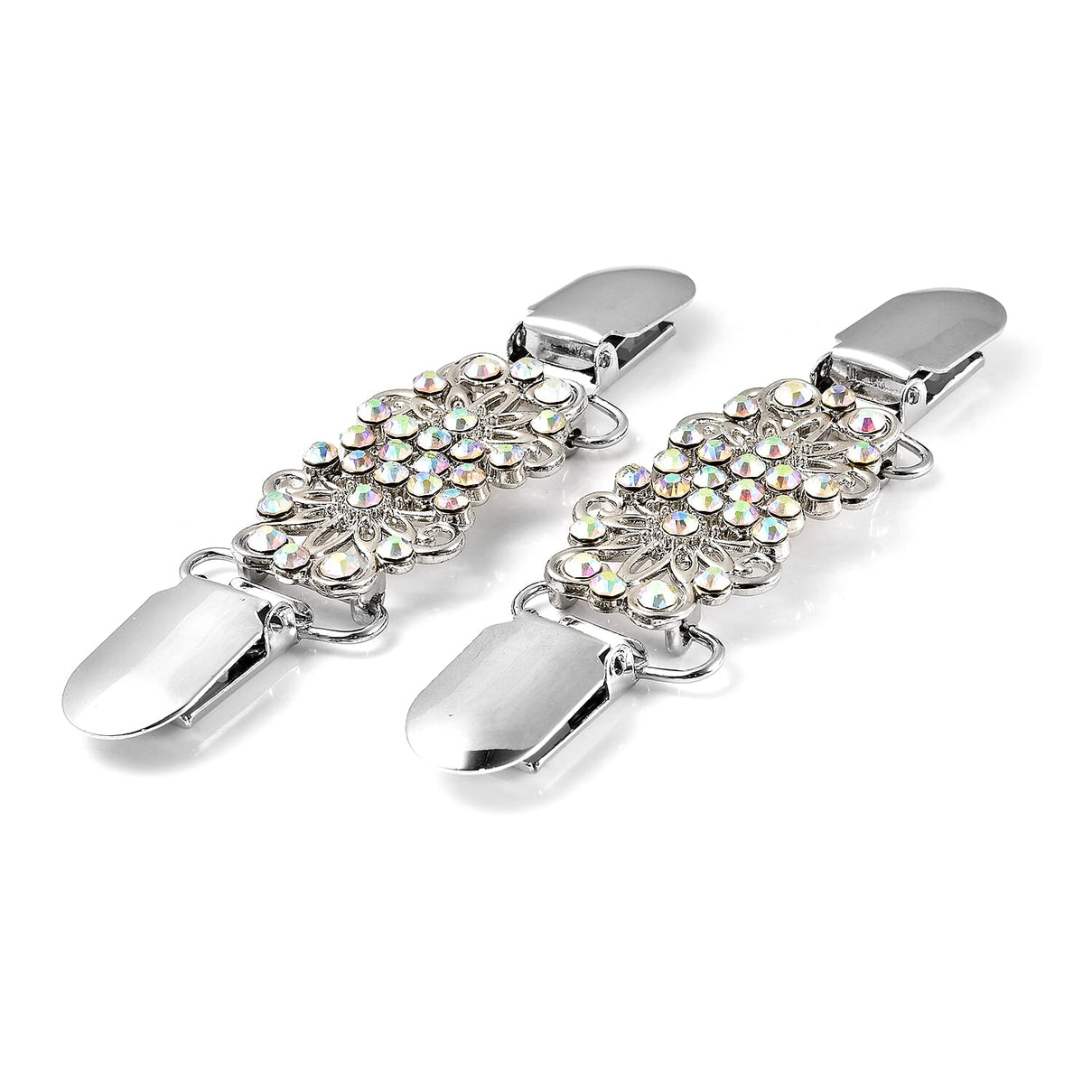 Set of 2 White AB Crystal Floral Style Cardigan Clip Connector in Silver Tone 6704525 3