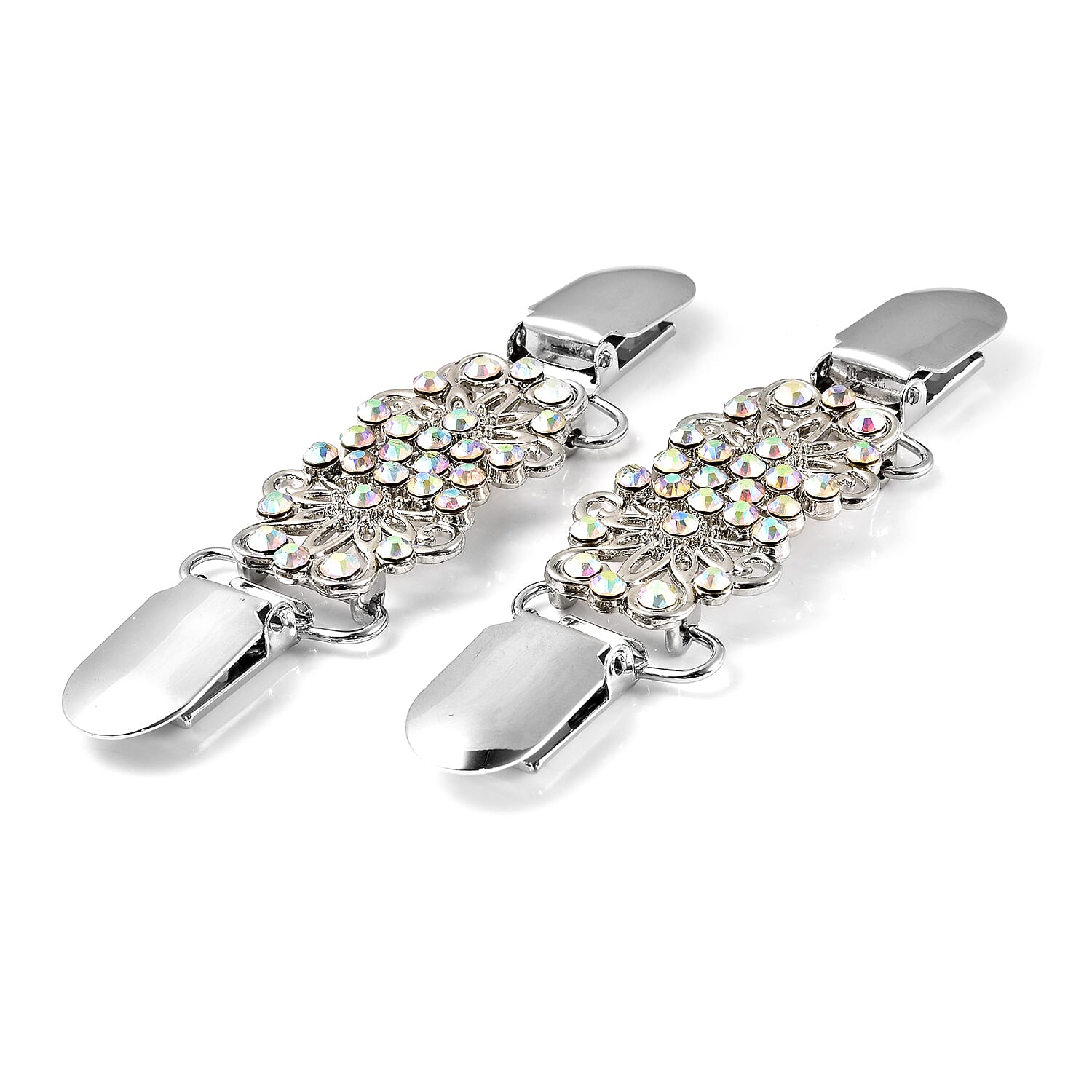 Set of 2 White AB Crystal Floral Style Cardigan Clip Connector in Silver Tone 6704525 3