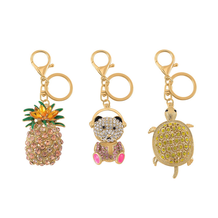 Set of 3 Crystal Keychains with Pineapple, Turtle and Bear Charms 4332635 1