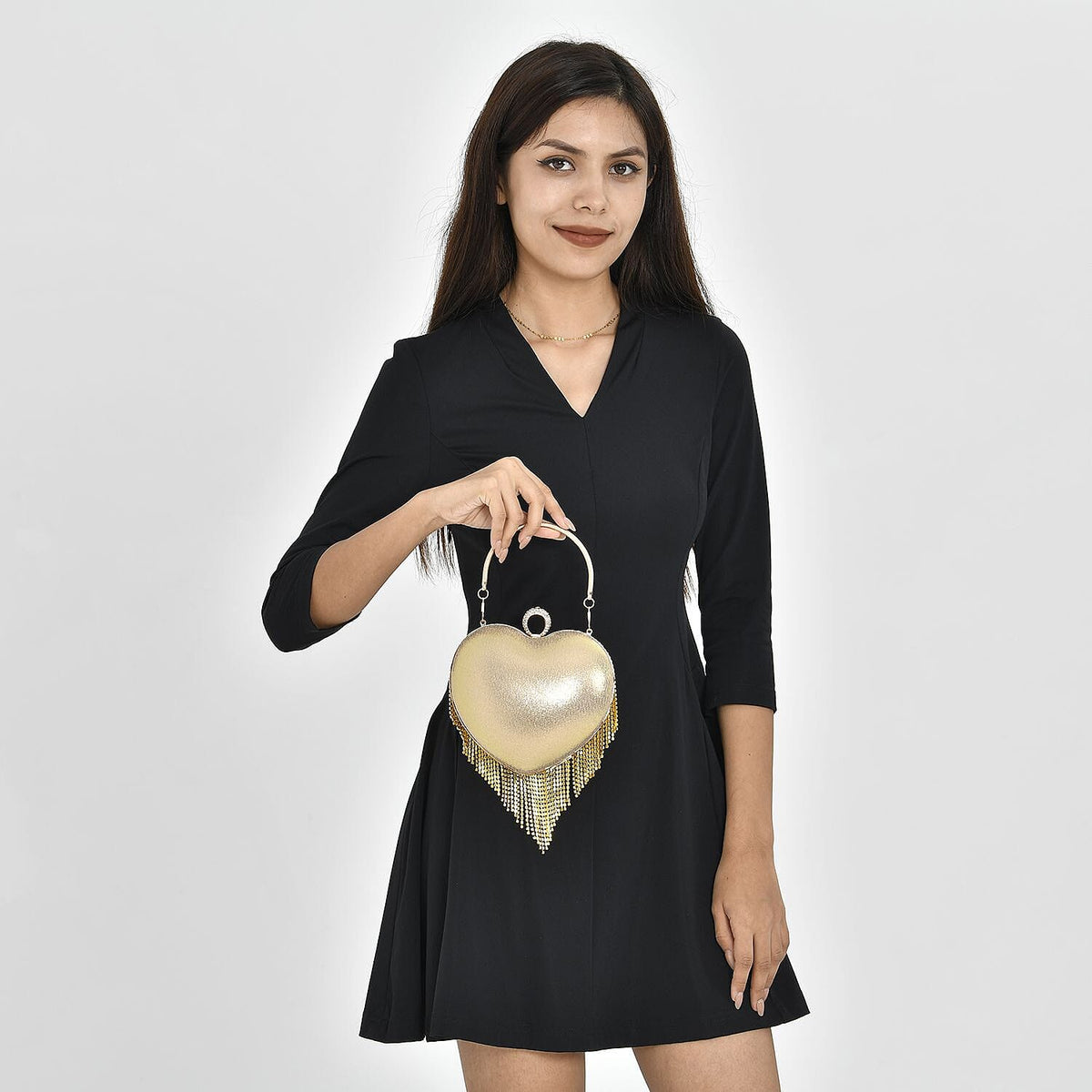 Sheeny Heart Shape Tassel Evening Clutch Bag - Gold 7154989 2