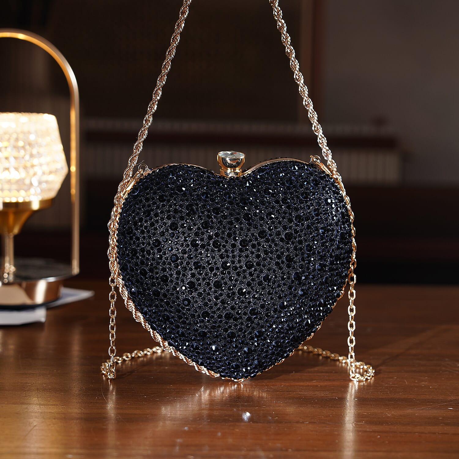 Sheeny Heart-Shaped Crystal Clutch Bag - Black 8244529 1
