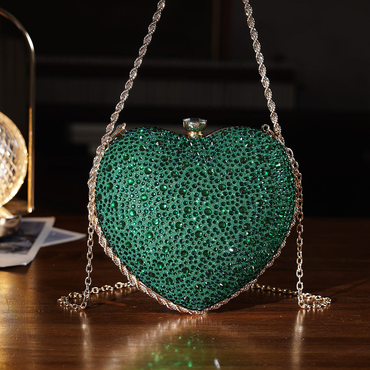 Sheeny Heart-Shaped Crystal Clutch Bag - Green V32370849 1