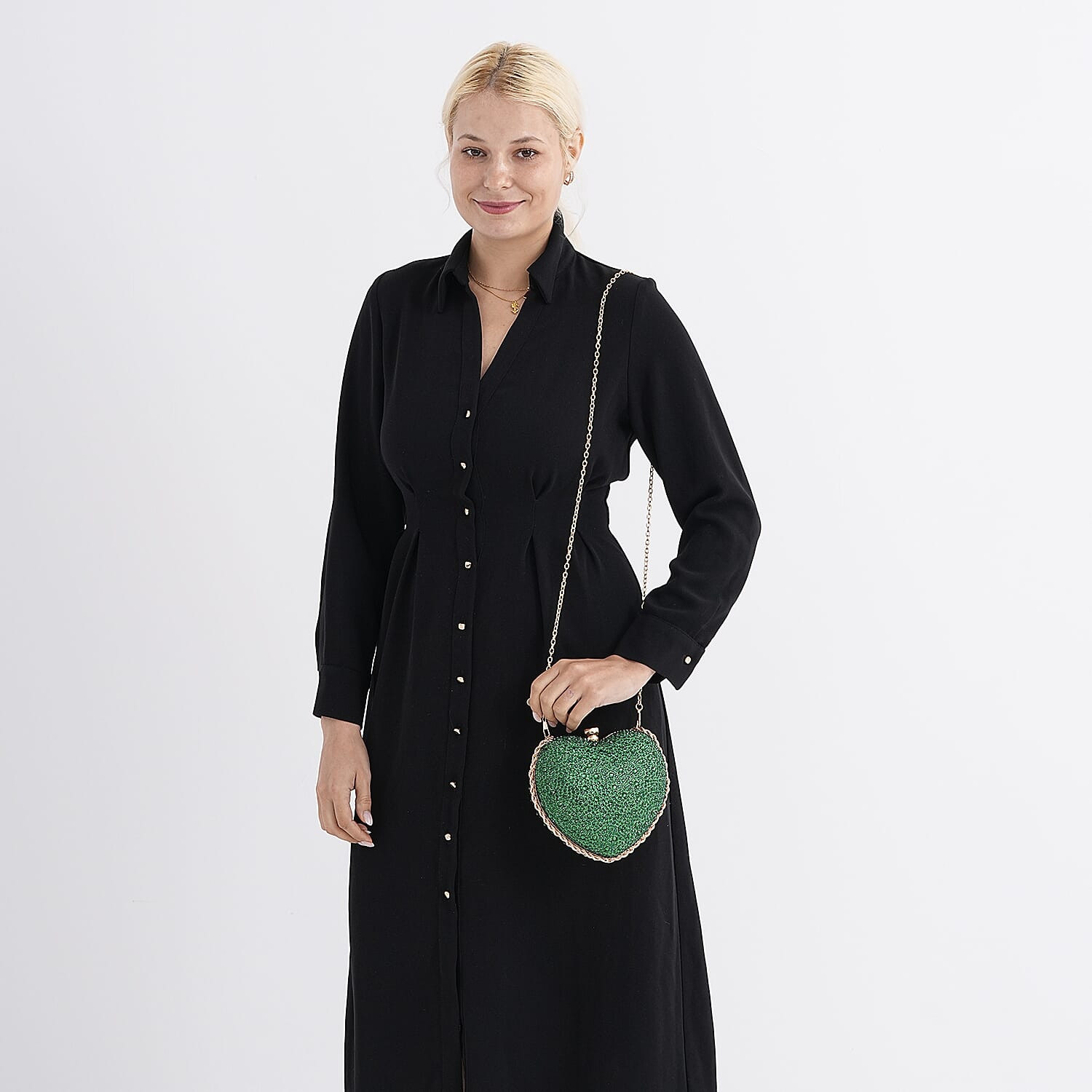 Sheeny Heart-Shaped Crystal Clutch Bag - Green V32370849 2