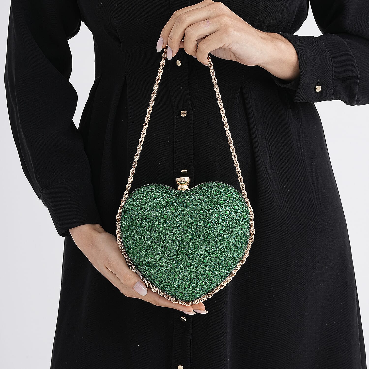 Sheeny Heart-Shaped Crystal Clutch Bag - Green V32370849 3