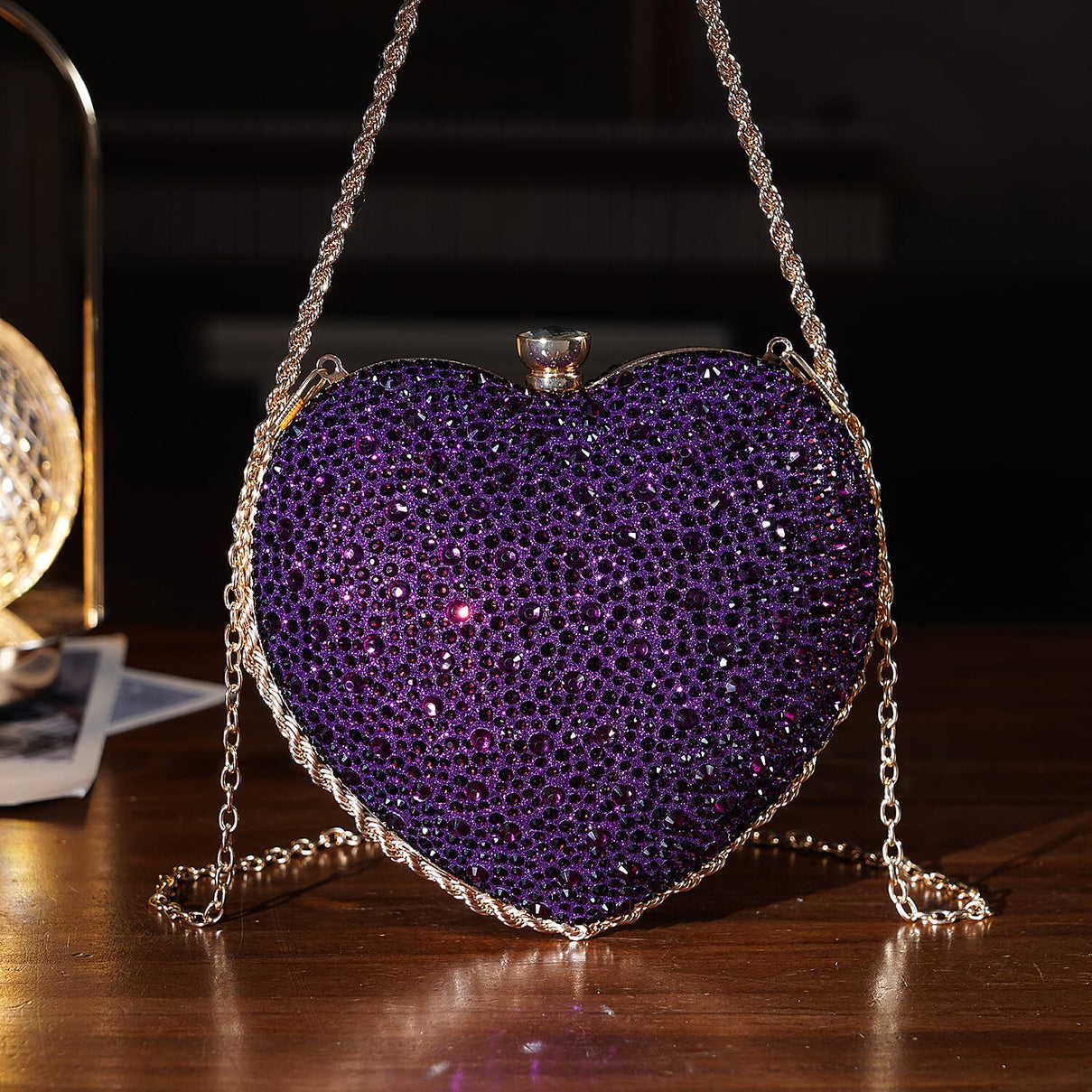 Sheeny Heart-Shaped Crystal Clutch Bag - Purple 8244531 1