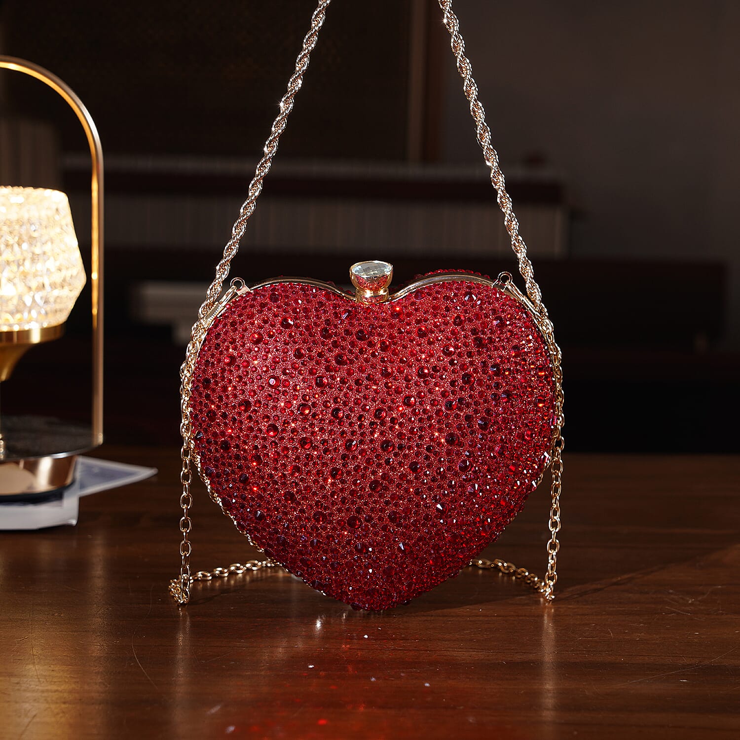 Sheeny Heart-Shaped Crystal Clutch Bag - Red 8244528 1
