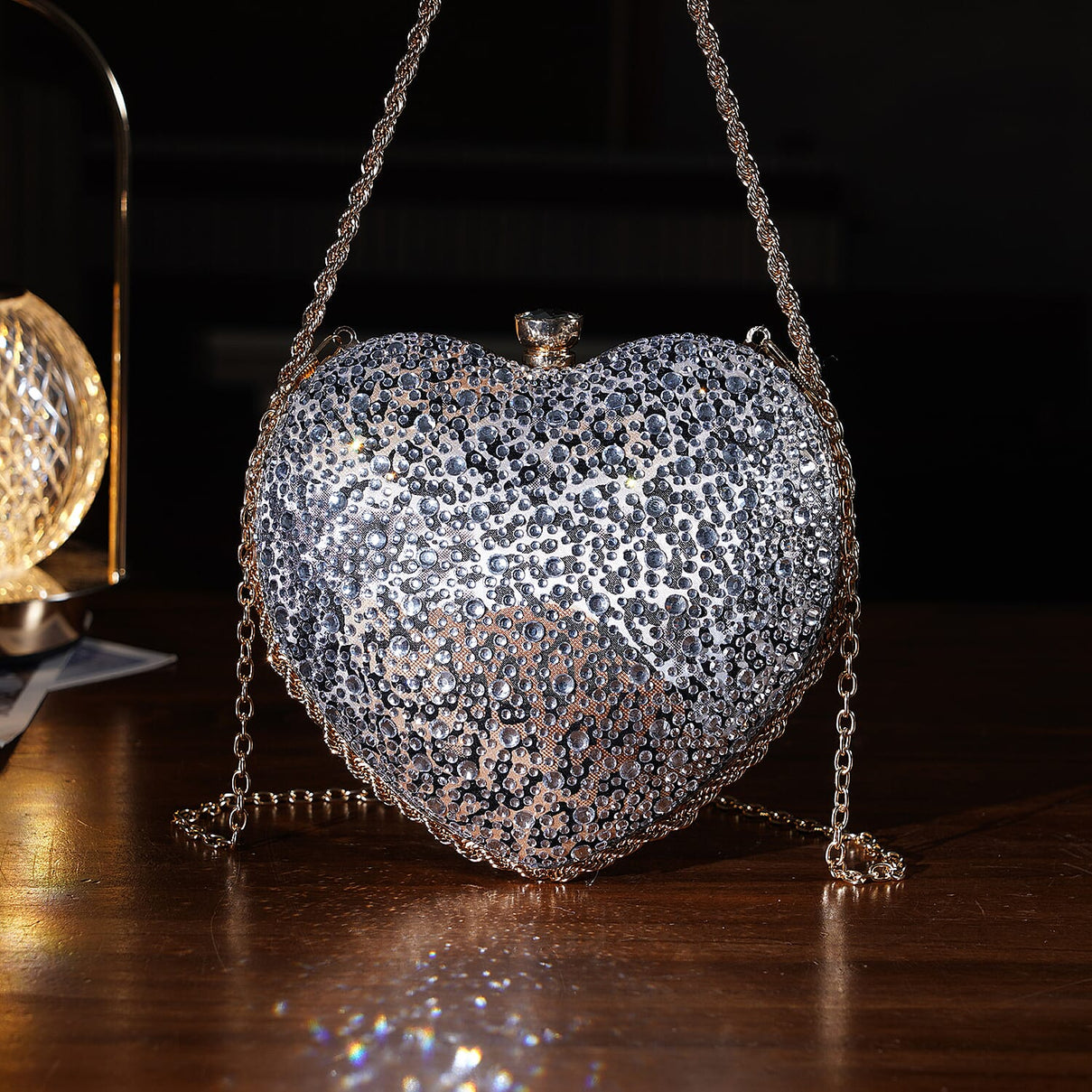 Sheeny Heart-Shaped Crystal Clutch Bag - Leopard V32538889 1