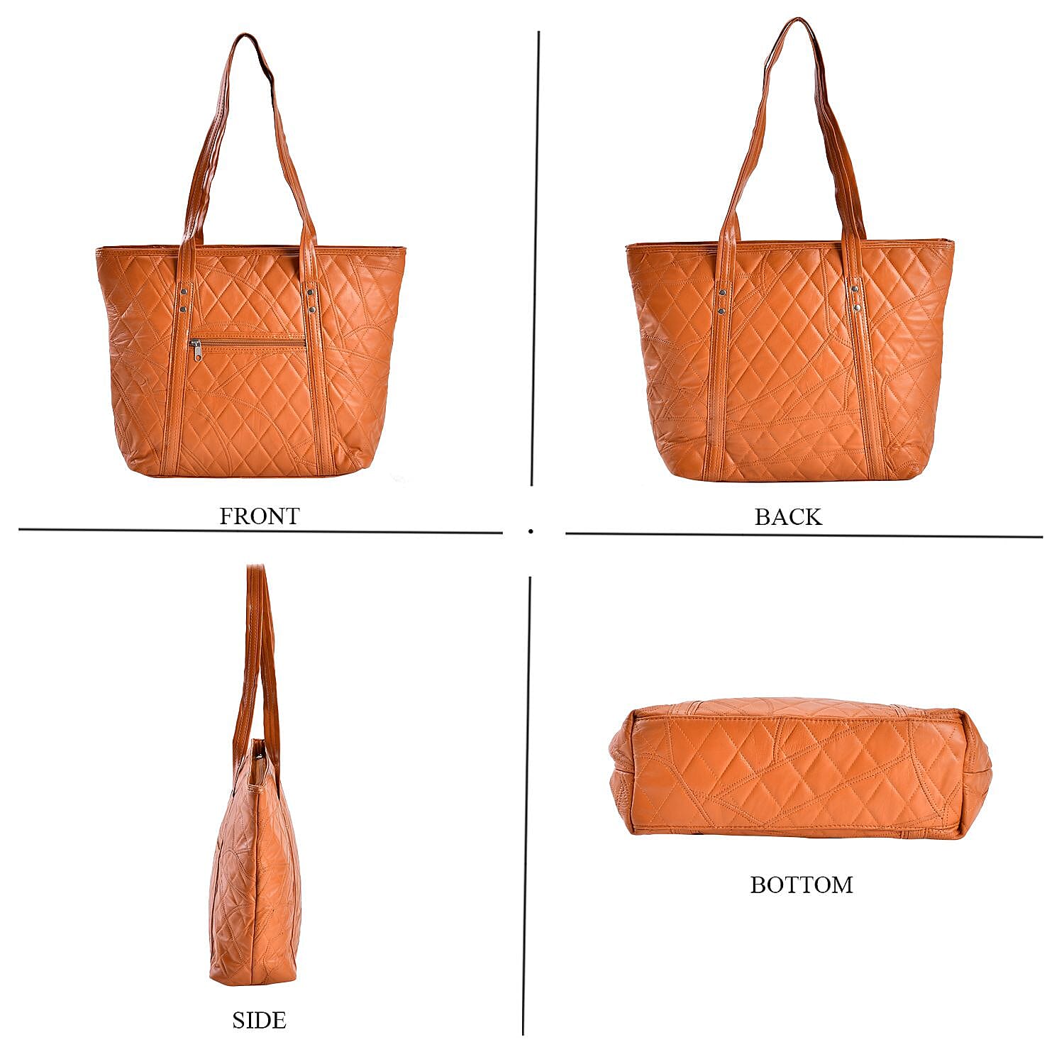 Quilted Pattern Genuine Leather Tote Bag - Tan 7638656 2