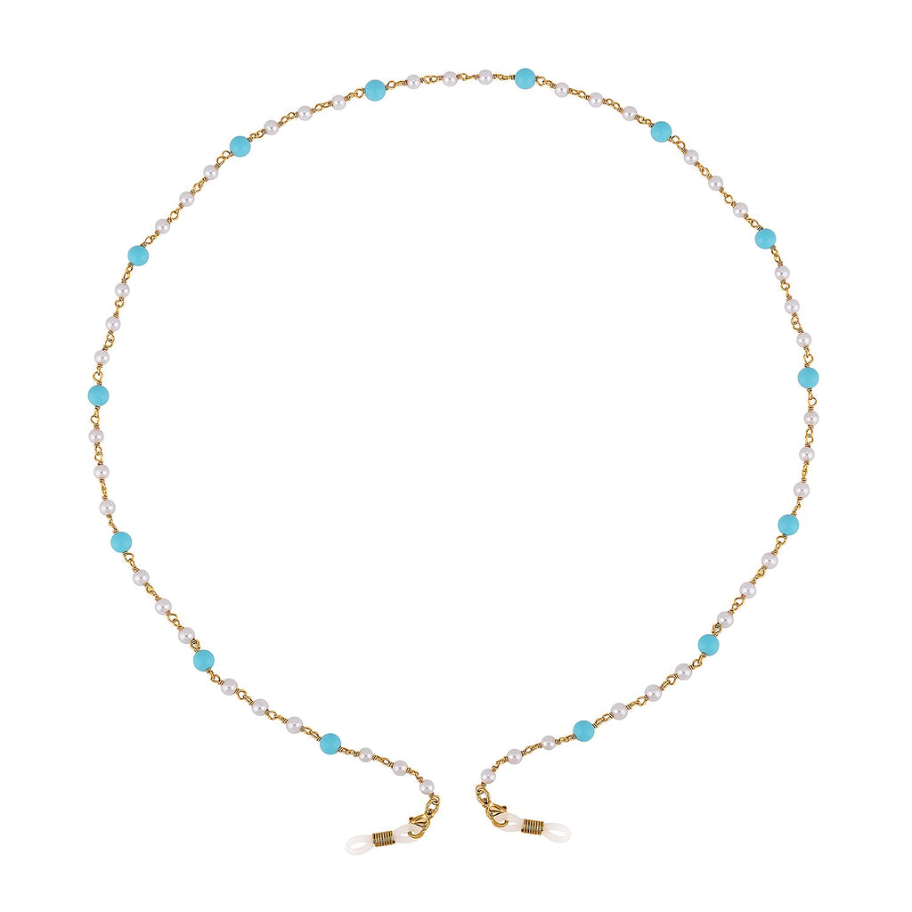 Shell Pearl and Blue Howlite Glasses Chain (Size - 28) in Yellow Gold Tone