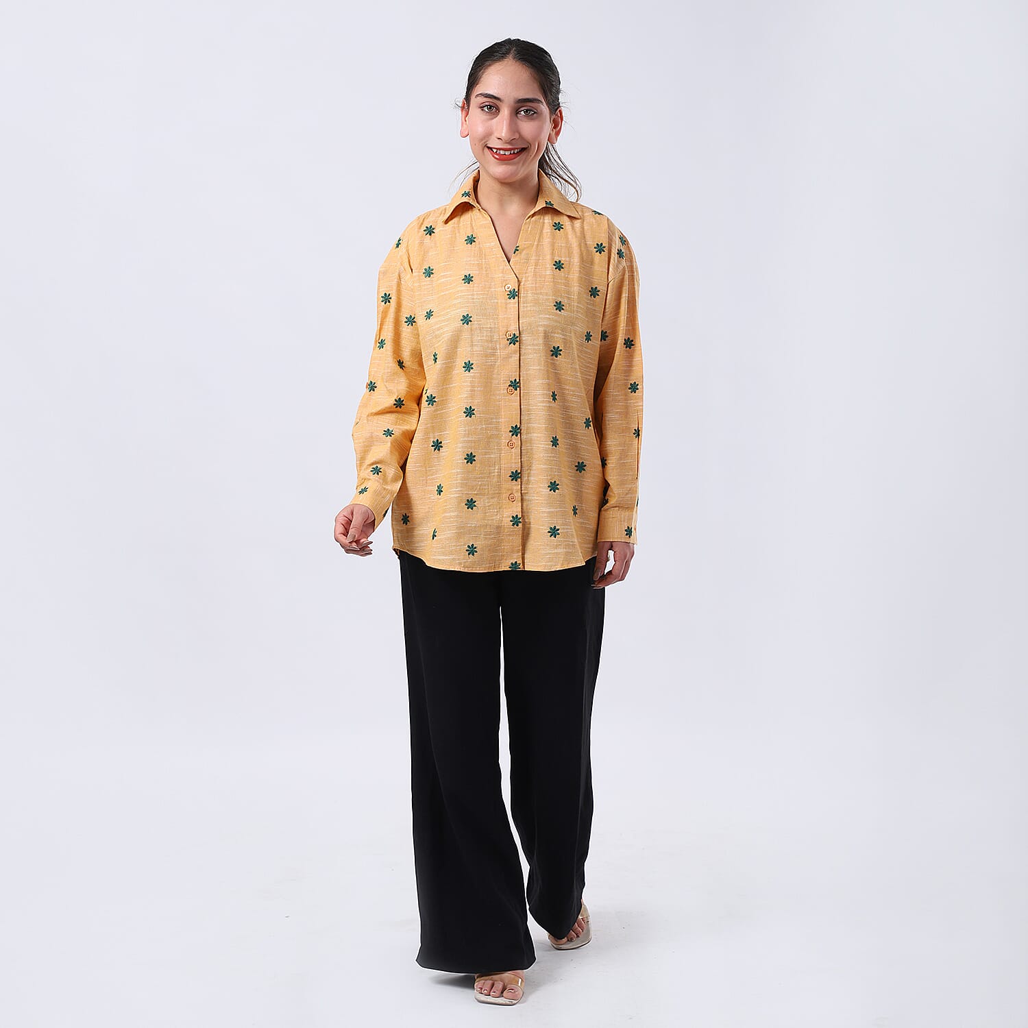 100% Cotton Relaxed Fit Embroidered Long Sleeve Shirt (Size L) - Yellow 7989406 0