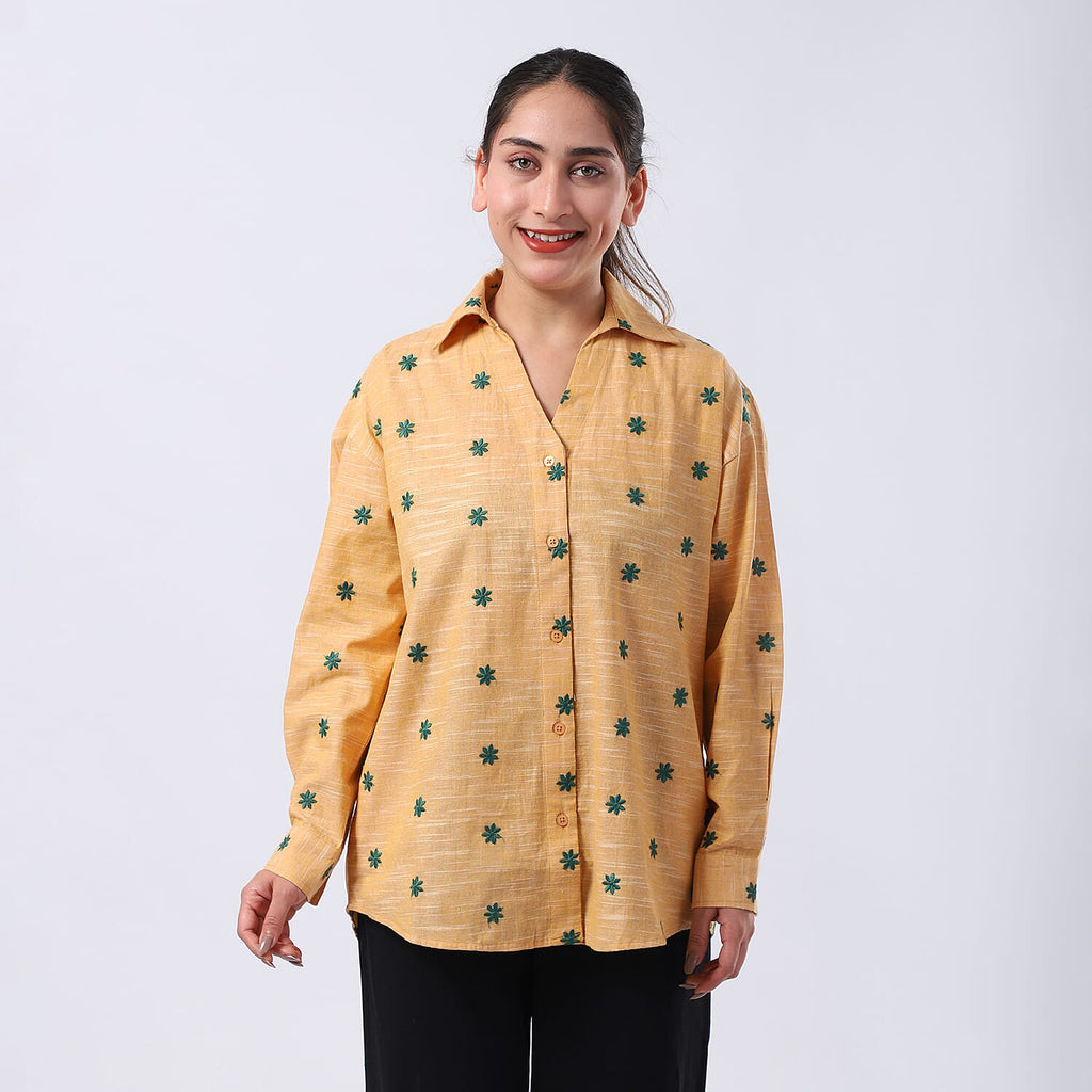 100% Cotton Relaxed Fit Embroidered Long Sleeve Shirt (Size L) - Yellow