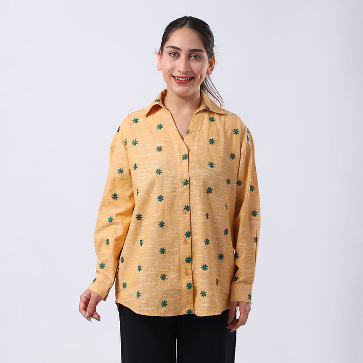 100% Cotton Relaxed Fit Embroidered Long Sleeve Shirt (Size L) - Yellow 7989406 2