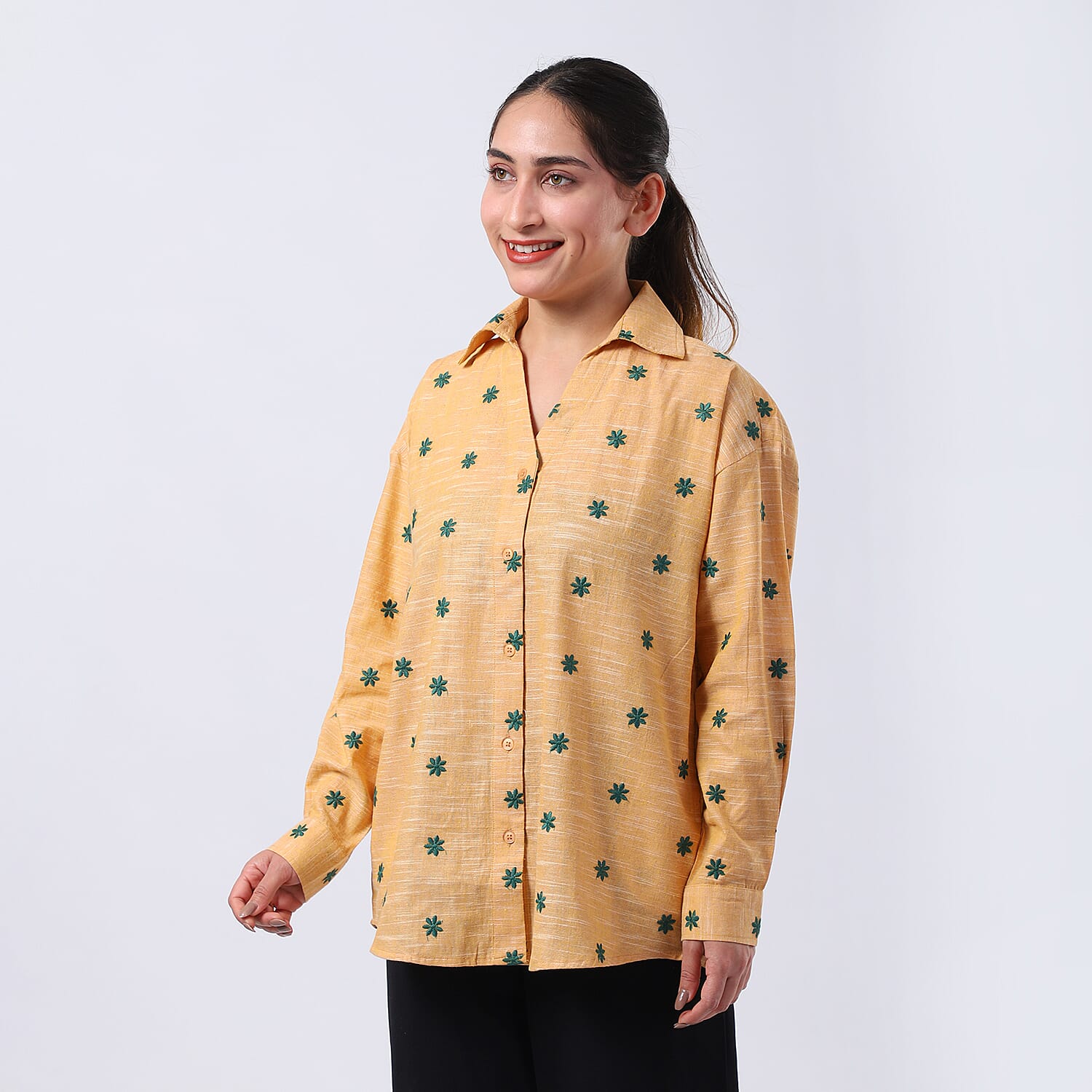 100% Cotton Relaxed Fit Embroidered Long Sleeve Shirt (Size L) - Yellow 7989406 3