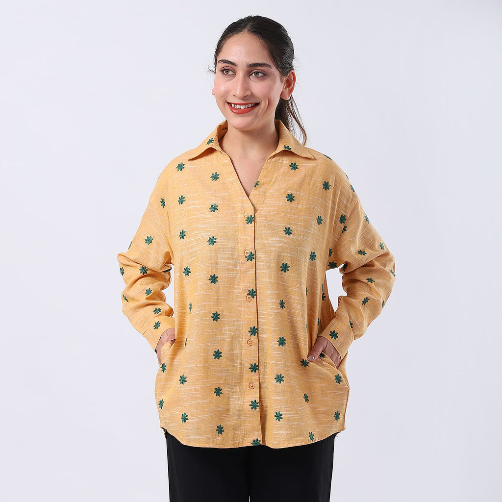 100% Cotton Relaxed Fit Embroidered Long Sleeve Shirt (Size L) - Yellow