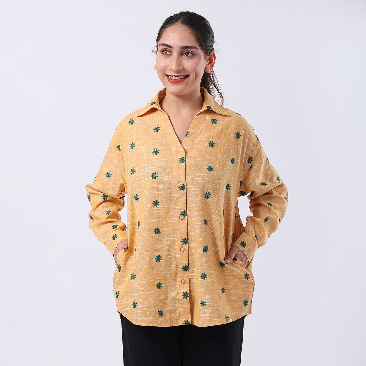 100% Cotton Relaxed Fit Embroidered Long Sleeve Shirt (Size L) - Yellow 7989406 4