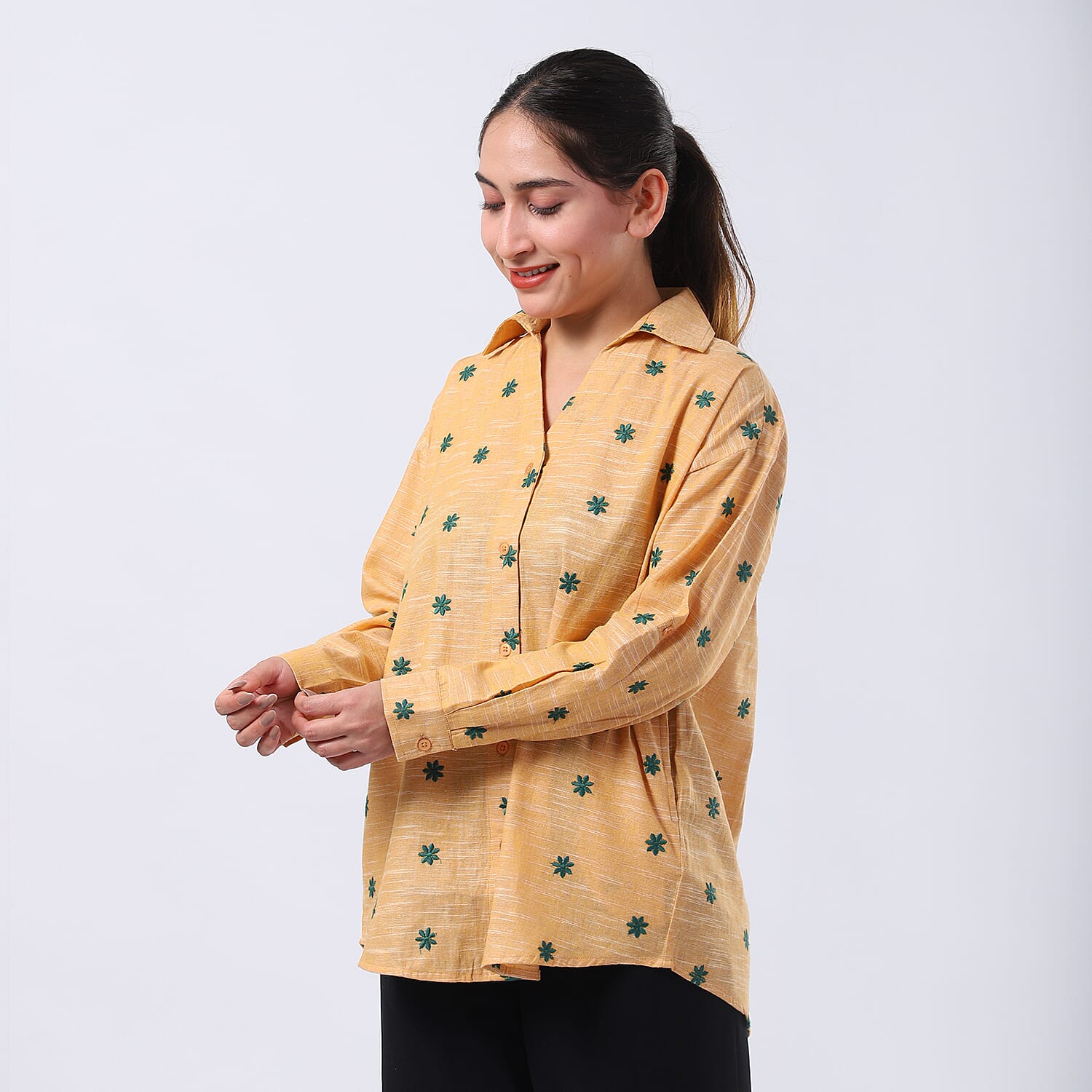 100% Cotton Relaxed Fit Embroidered Long Sleeve Shirt (Size L) - Yellow 7989406 5