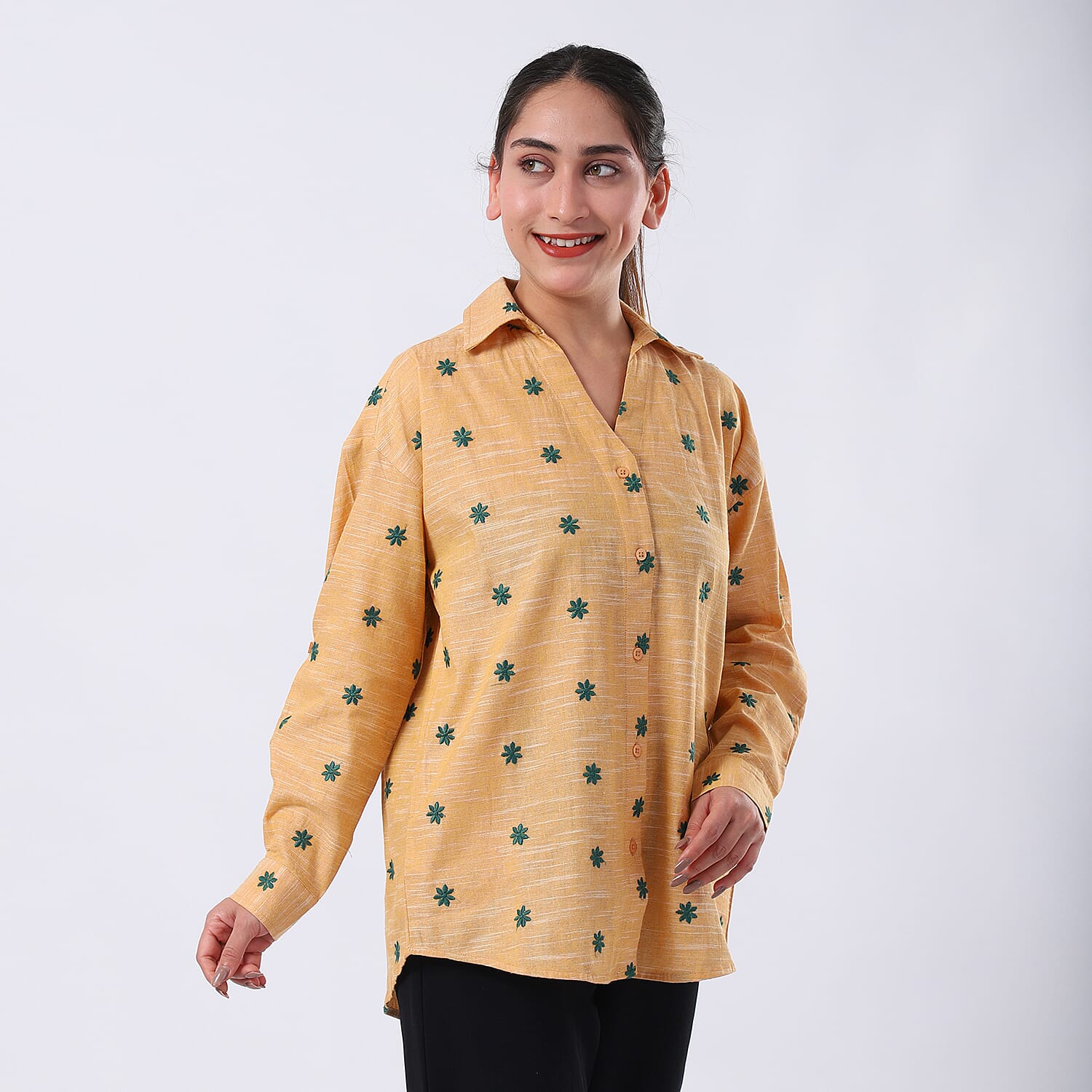 100% Cotton Relaxed Fit Embroidered Long Sleeve Shirt (Size L) - Yellow 7989406 6