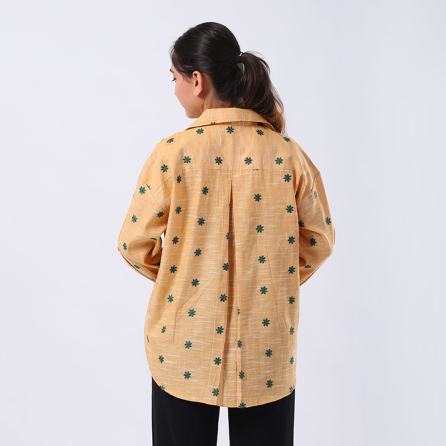 100% Cotton Relaxed Fit Embroidered Long Sleeve Shirt (Size L) - Yellow 7989406 7