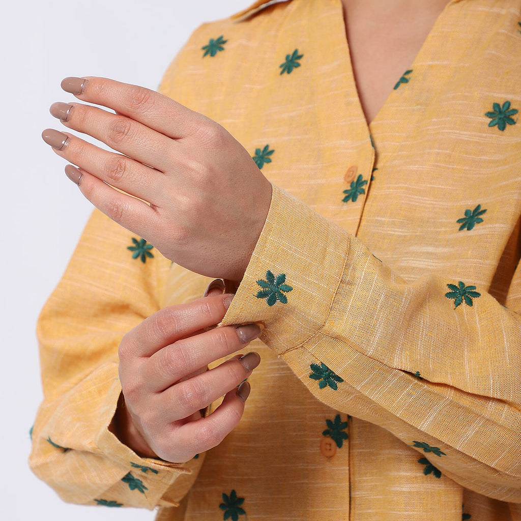 100% Cotton Relaxed Fit Embroidered Long Sleeve Shirt (Size L) - Yellow