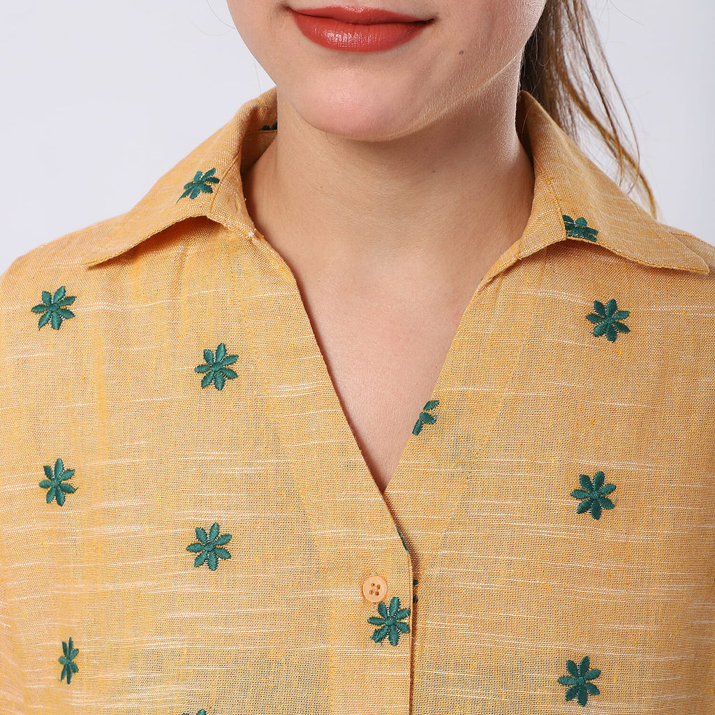 100% Cotton Relaxed Fit Embroidered Long Sleeve Shirt (Size L) - Yellow
