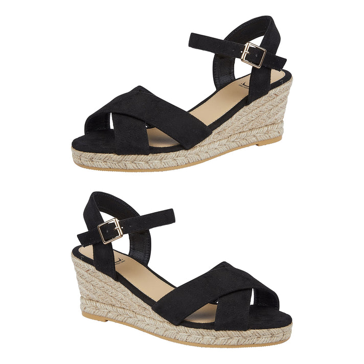Shoes by Emma Ladies MALIBU Hessian Wedge Sandal with Cross Over Front and Buckle (Size 5) - Black 7816857 1