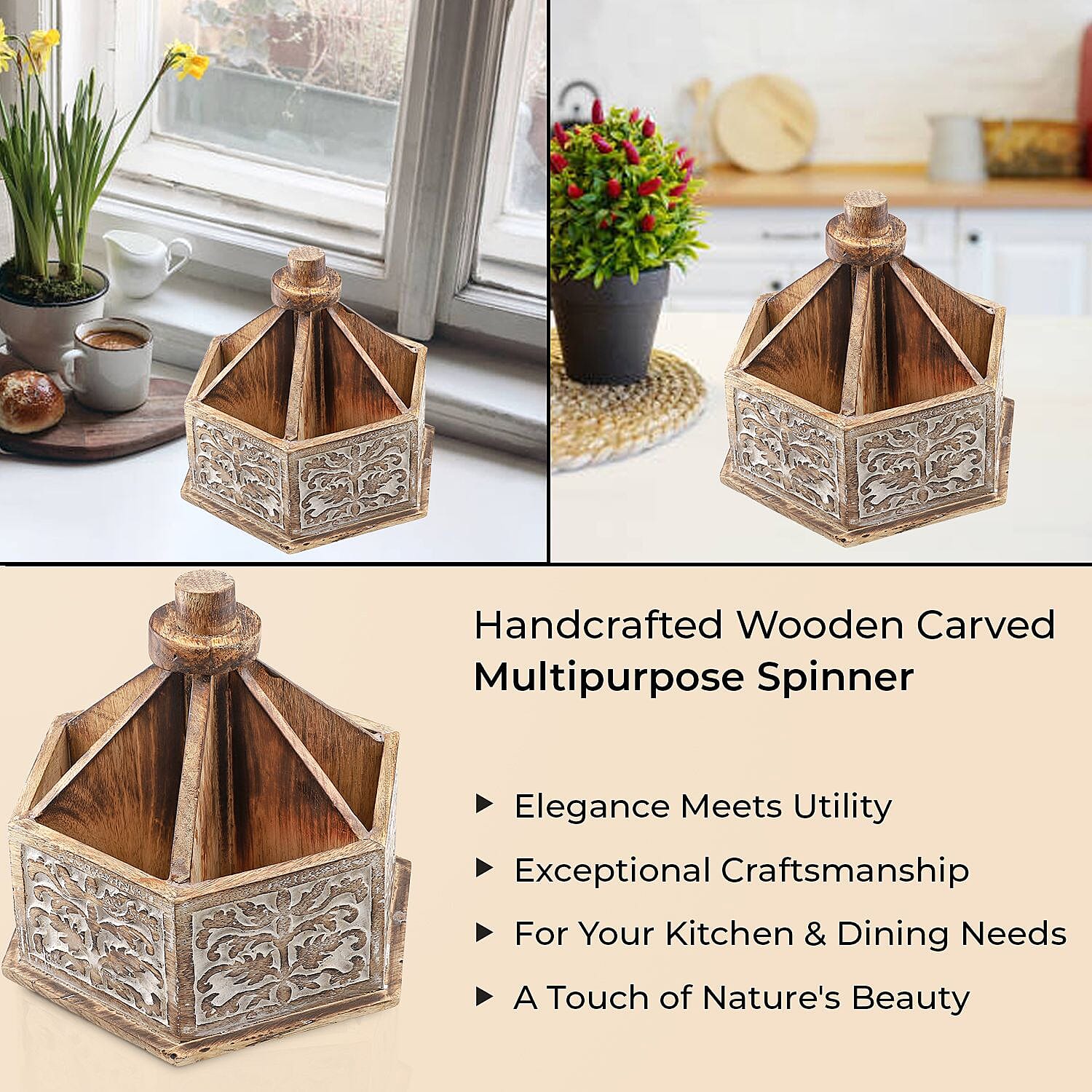 Handcarved Multipurpose Mango Wood Spinner Organizer (Size 24x22x21 cm) 7625024 2