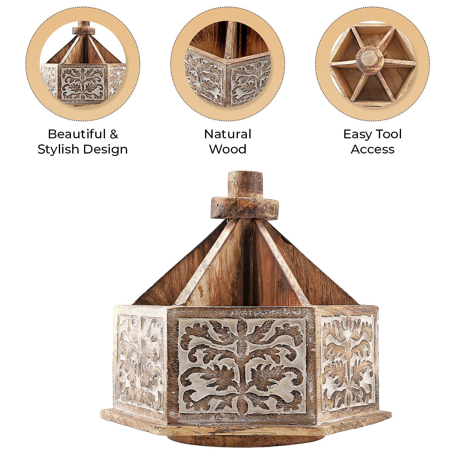Handcarved Multipurpose Mango Wood Spinner Organizer (Size 24x22x21 cm) 7625024 4