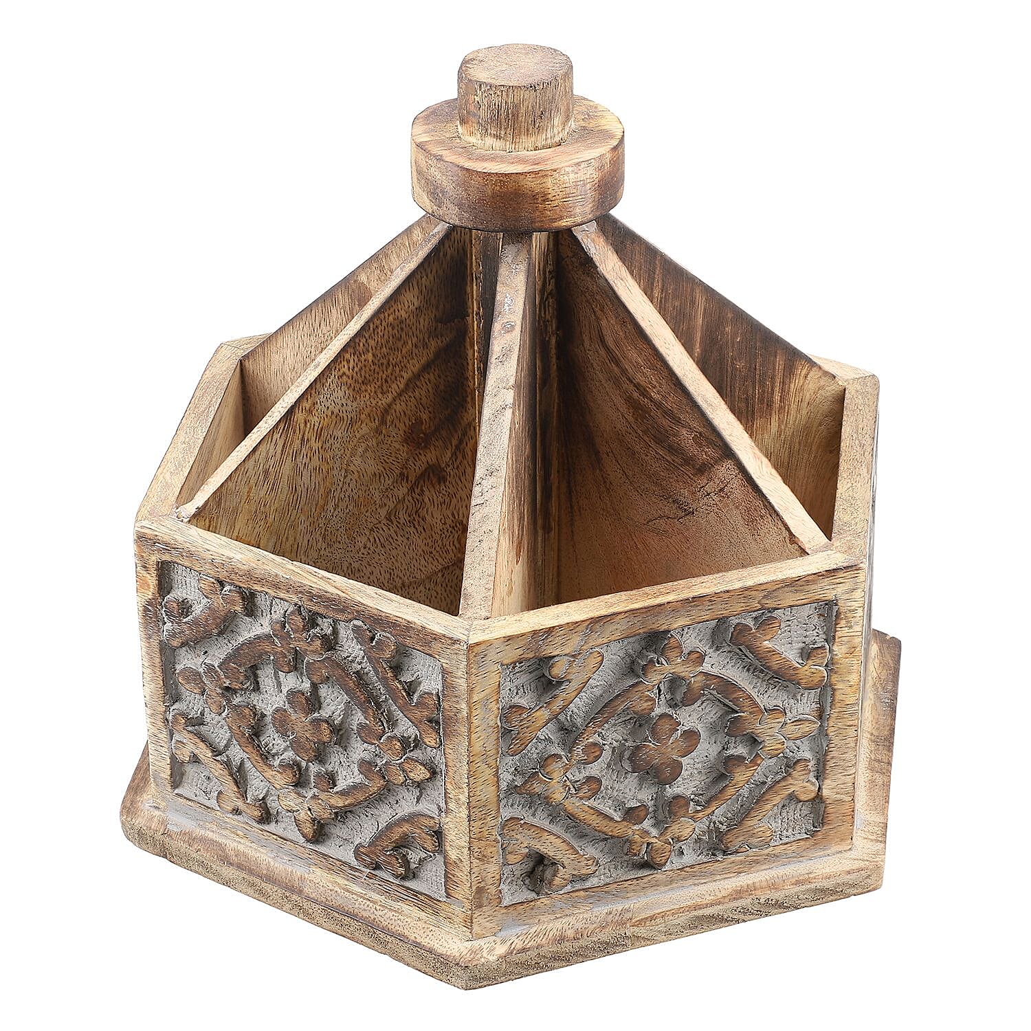Handcarved Multipurpose Mango Wood Spinner Organizer (Size 24x22x21 cm) 7583467 0
