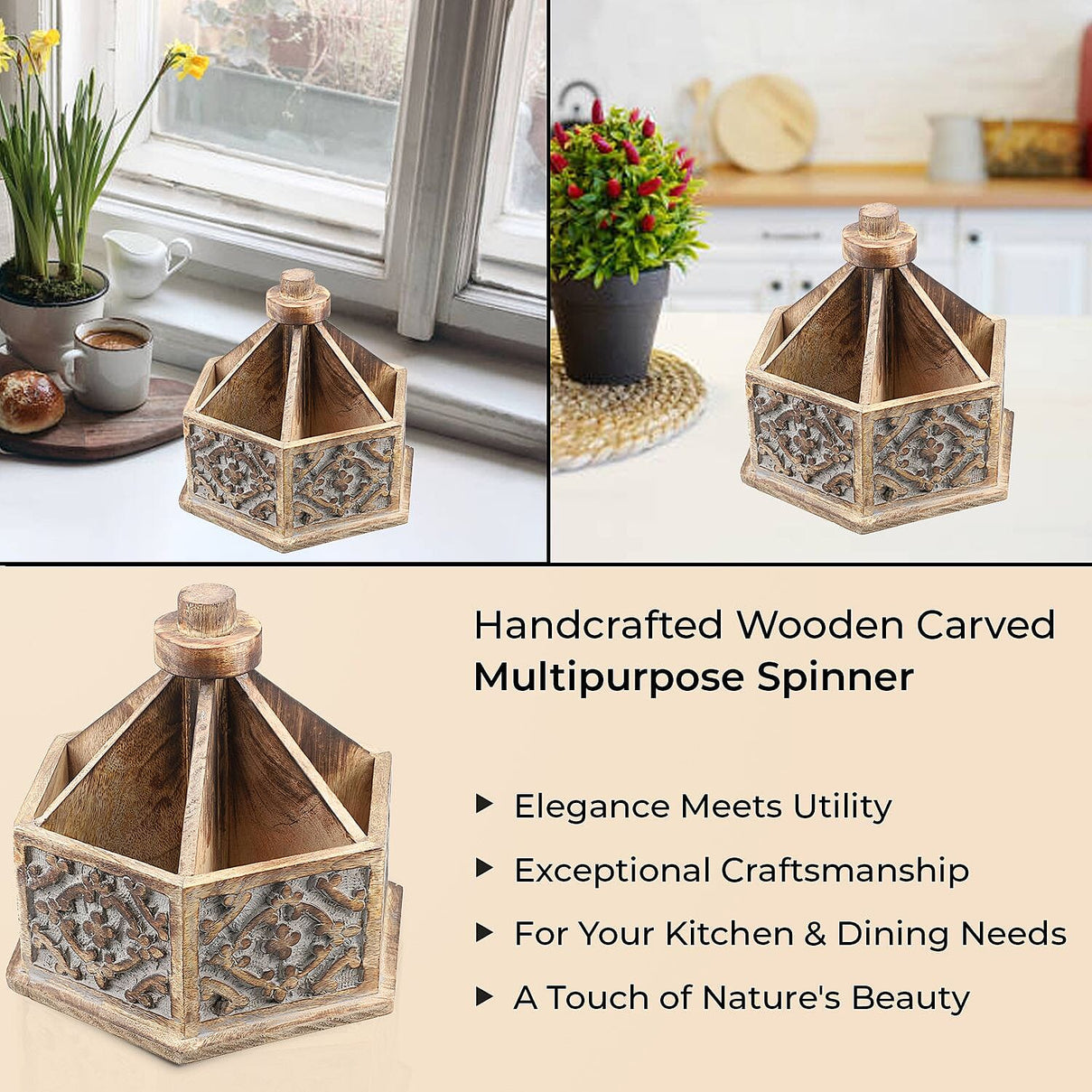 Handcarved Multipurpose Mango Wood Spinner Organizer (Size 24x22x21 cm) 7583467 2