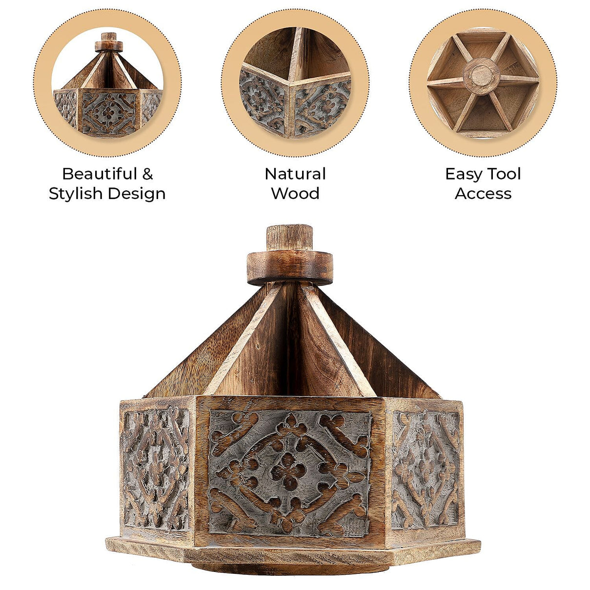Handcarved Multipurpose Mango Wood Spinner Organizer (Size 24x22x21 cm) 7583467 4