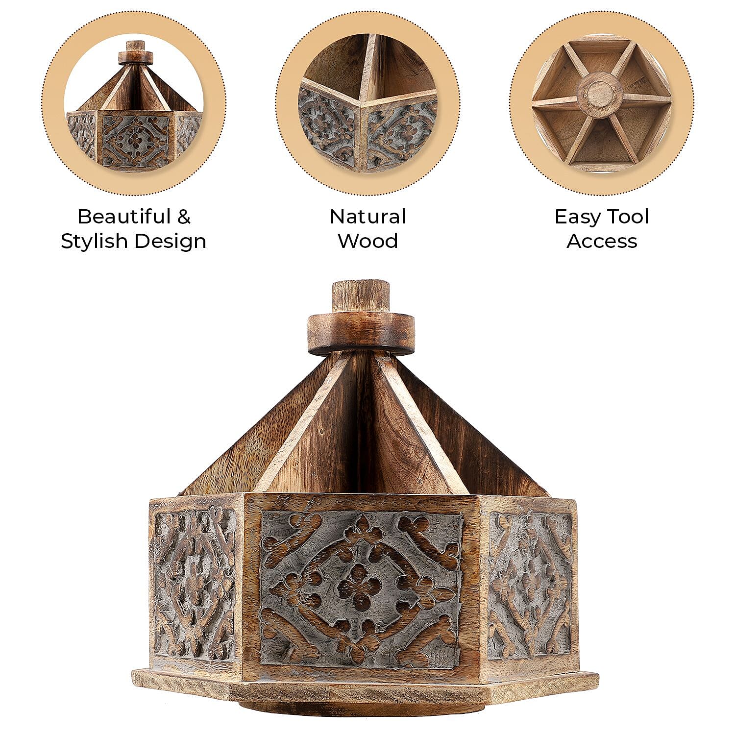 Handcarved Multipurpose Mango Wood Spinner Organizer (Size 24x22x21 cm) 7583467 4