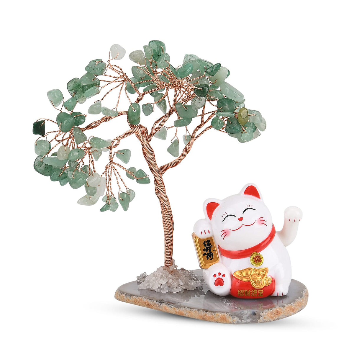 Showpiece Collection - Hand Set Green Aventurine Tree With Solar Lucky Maneki Neko Money Cat Figure on Agate Base 8310078 0
