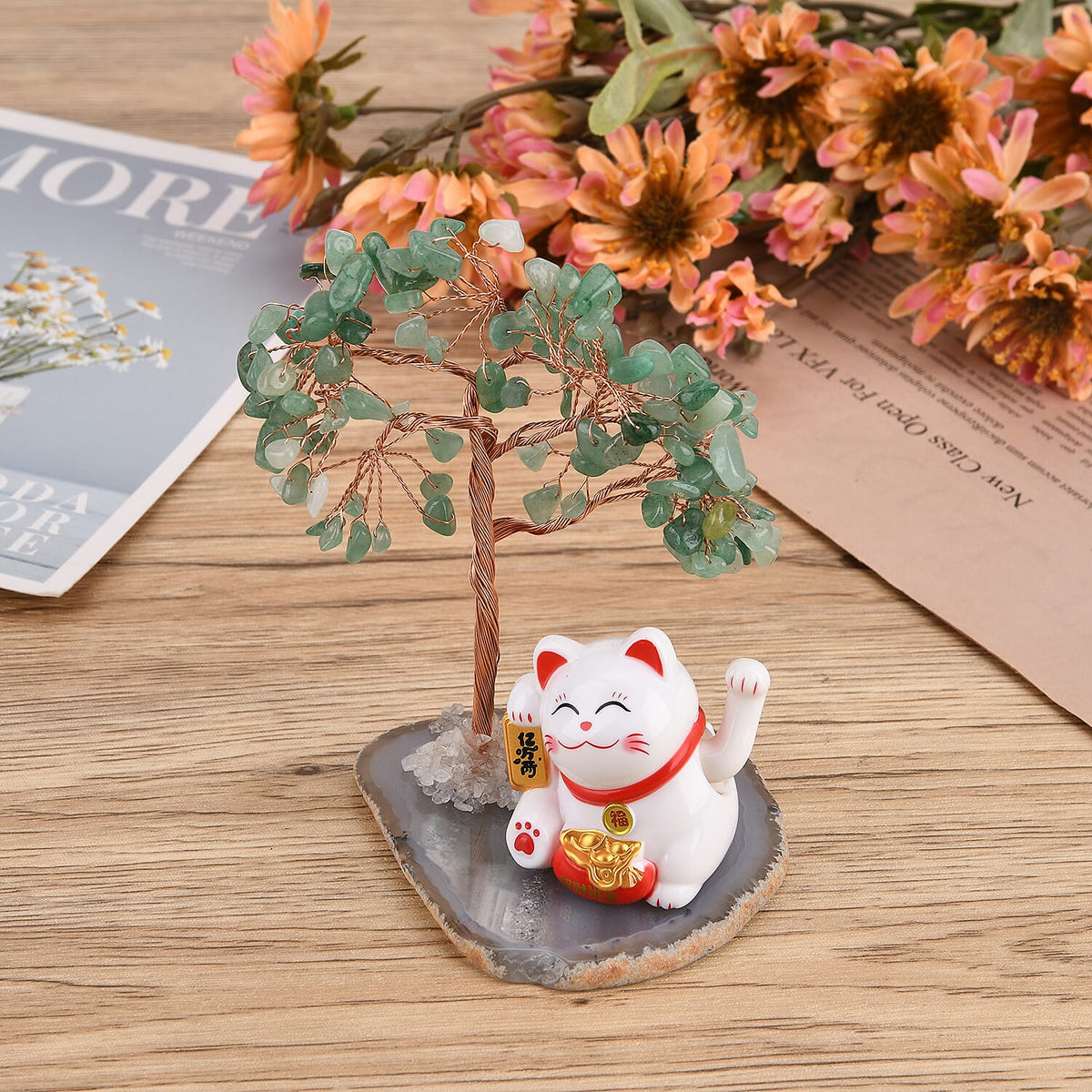 Showpiece Collection - Hand Set Green Aventurine Tree With Solar Lucky Maneki Neko Money Cat Figure on Agate Base 8310078 2