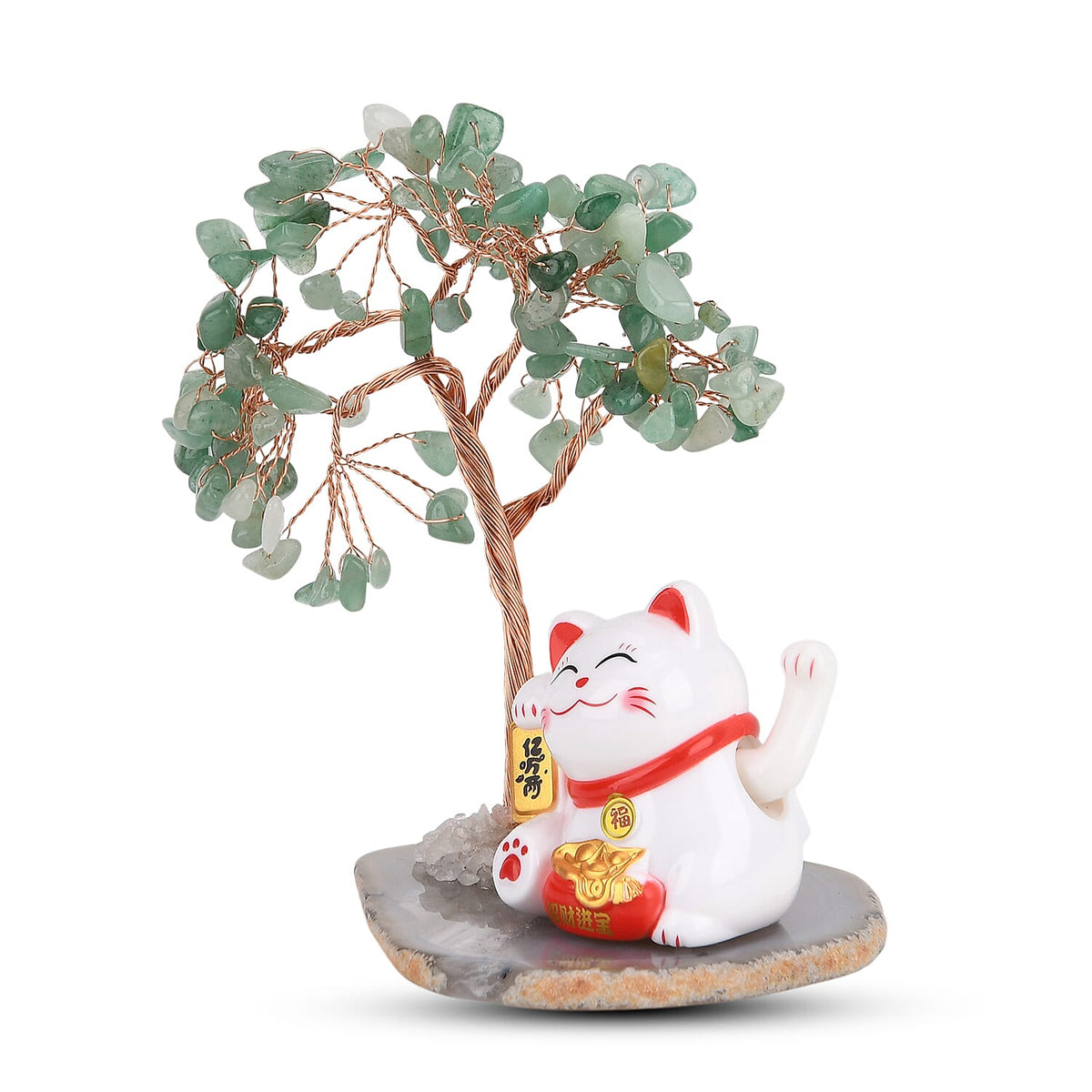 Showpiece Collection - Hand Set Green Aventurine Tree With Solar Lucky Maneki Neko Money Cat Figure on Agate Base 8310078 3