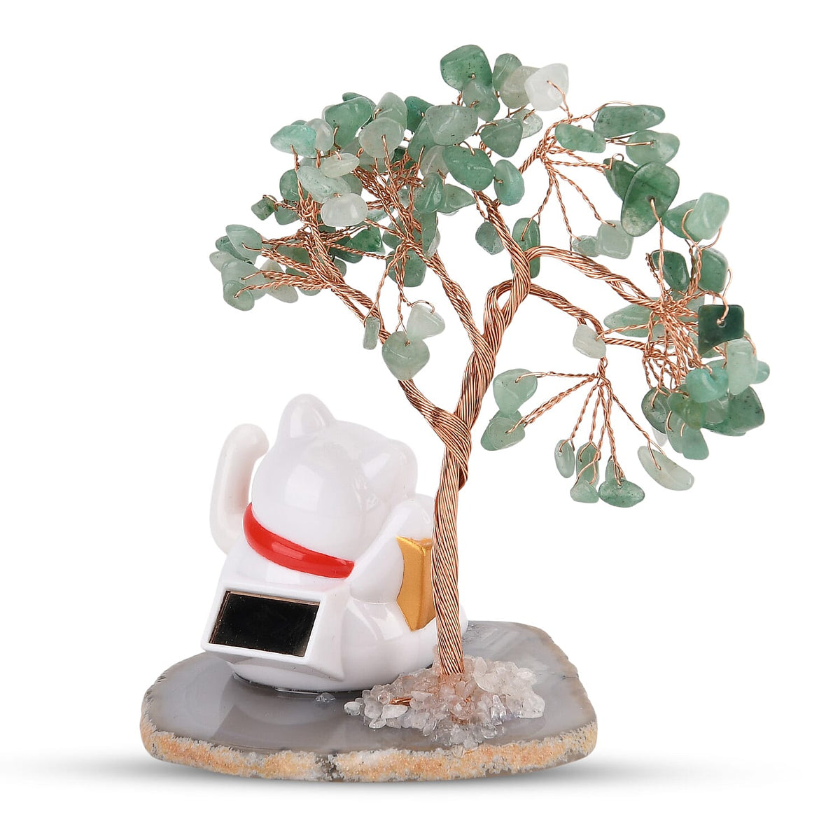 Showpiece Collection - Hand Set Green Aventurine Tree With Solar Lucky Maneki Neko Money Cat Figure on Agate Base 8310078 4