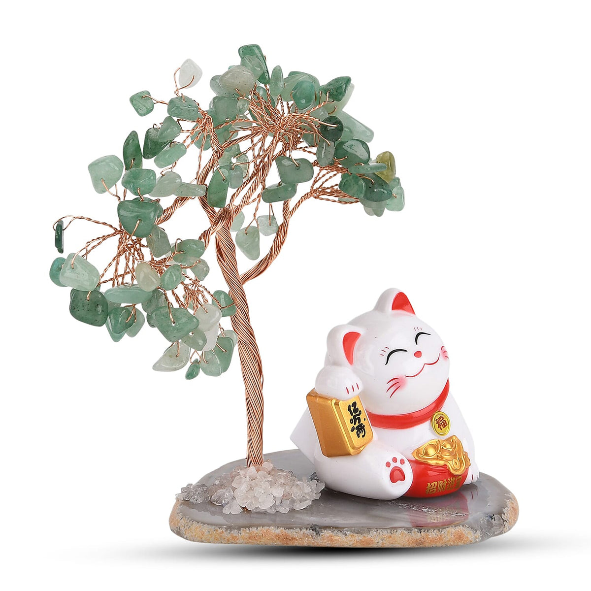 Showpiece Collection - Hand Set Green Aventurine Tree With Solar Lucky Maneki Neko Money Cat Figure on Agate Base 8310078 5